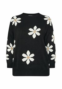 Schwarzer Strickpullover mit weißen Gänseblümchenmustern und beigen Mittelpunkten, mit rundem Ausschnitt und langen Ärmeln. Weiche Textur.