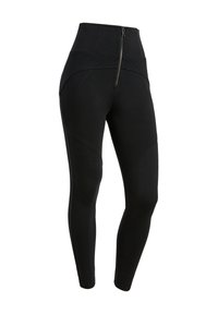 Leggings neri a vita alta, con una zip frontale, pannelli testurizzati e un design aderente. Il materiale sembra elastico e liscio.