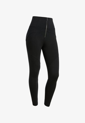 Leggings neri a vita alta, con una zip frontale, pannelli testurizzati e un design aderente. Il materiale sembra elastico e liscio.