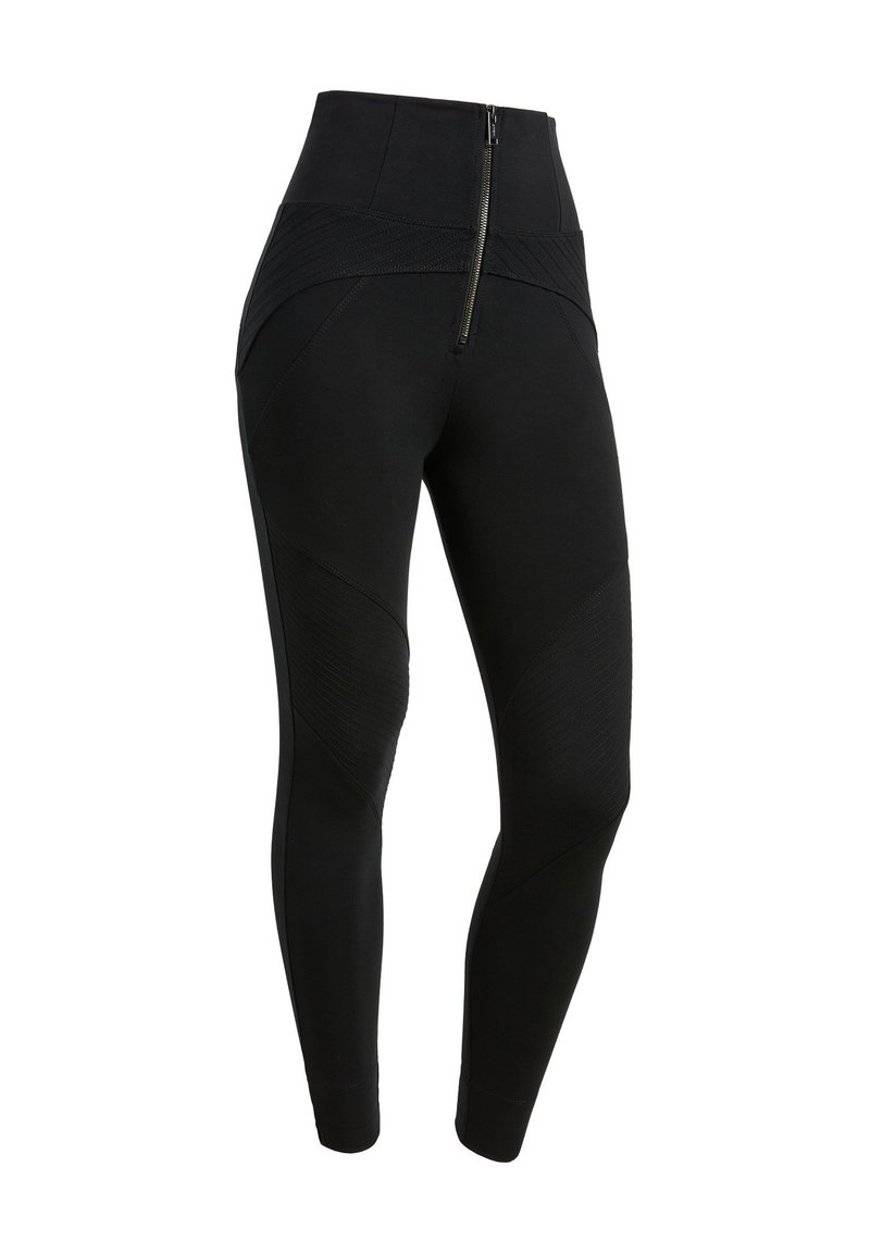 Leggings neri a vita alta, con una zip frontale, pannelli testurizzati e un design aderente. Il materiale sembra elastico e liscio.