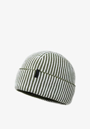 Knitted beanie hat with vertical white and green stripes and a folded brim with a small black brand label on the side.