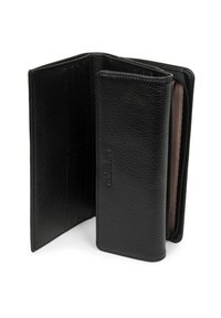 Portafoglio in pelle nera con finitura strutturata, dotato di più slot per carte, un comparto con zip e un design minimalista.