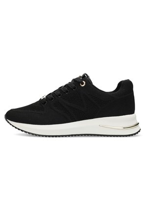 Black athletic sneaker made of mesh fabric, featuring lace-up closure, white midsole, black rubber outsole, and gold accent near the heel.