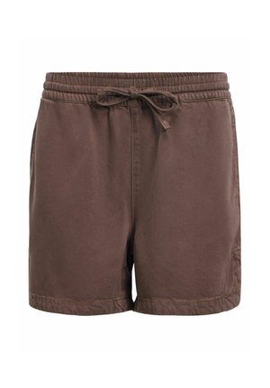 Shorts décontractés marron avec taille élastique et lien à l'avant, dotés de poches latérales et d'un ourlet droit.