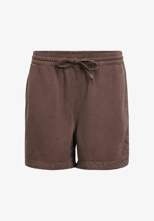 Pantalones cortos casuales marrones con cintura elástica y lazo frontal, que cuentan con bolsillos laterales y dobladillo recto.