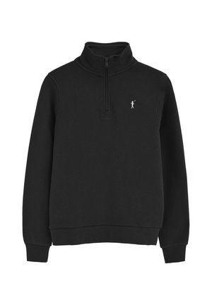 Jersey negro de manga larga con cremallera de cuarto de longitud y pequeño logo blanco de golfista en el pecho izquierdo, con puños y bajo acanalados.
