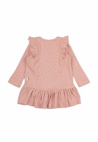 Abito a maniche lunghe di colore rosa chiaro con piccole pois, spalle arricciate e gonna arricciata. Realizzato in tessuto a costine testurizzato.