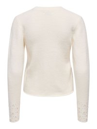 Pull couleur crème à manches longues avec col rond et embellissements en perles sur le bas des manches, vu de dos.