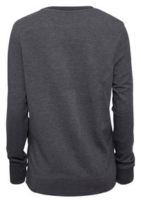 Grå sweatshirt med lange ærmer, ribbet halskant og manchetter, der har en glat tekstur og et simpelt, uudstyret design.