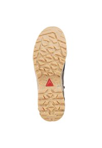 Suola con tasselli in gomma beige a motivo, dotata di tacchetti multidirezionali e di un accento triangolare rosso sul tallone.