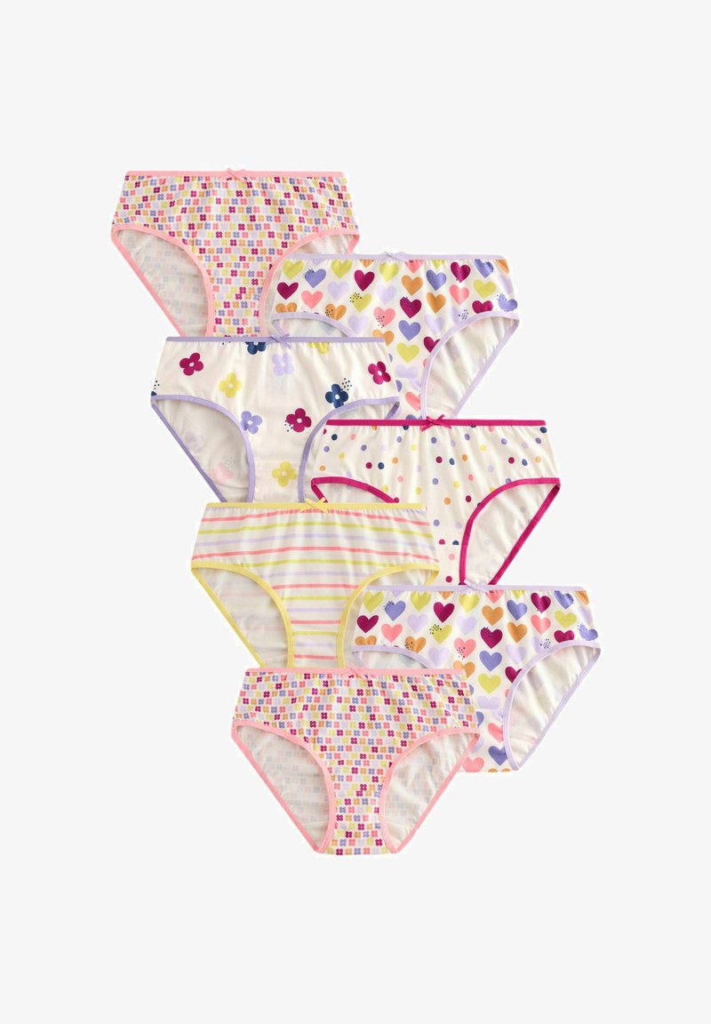Sept paires de sous-vêtements pour enfants avec des motifs comprenant des cœurs, des fleurs, des rayures et des pois dans des couleurs pastel et vives.