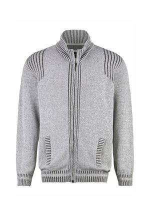 Gray knitted cardigan with a high collar, featuring vertical stripe details on shoulders, two front pockets, and ribbed cuffs and hem.