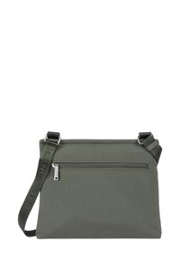 Borsa a tracolla verde in tessuto con tasca frontale con zip, cintura regolabile e branding sulla tracolla. Texture liscia e design minimalista.