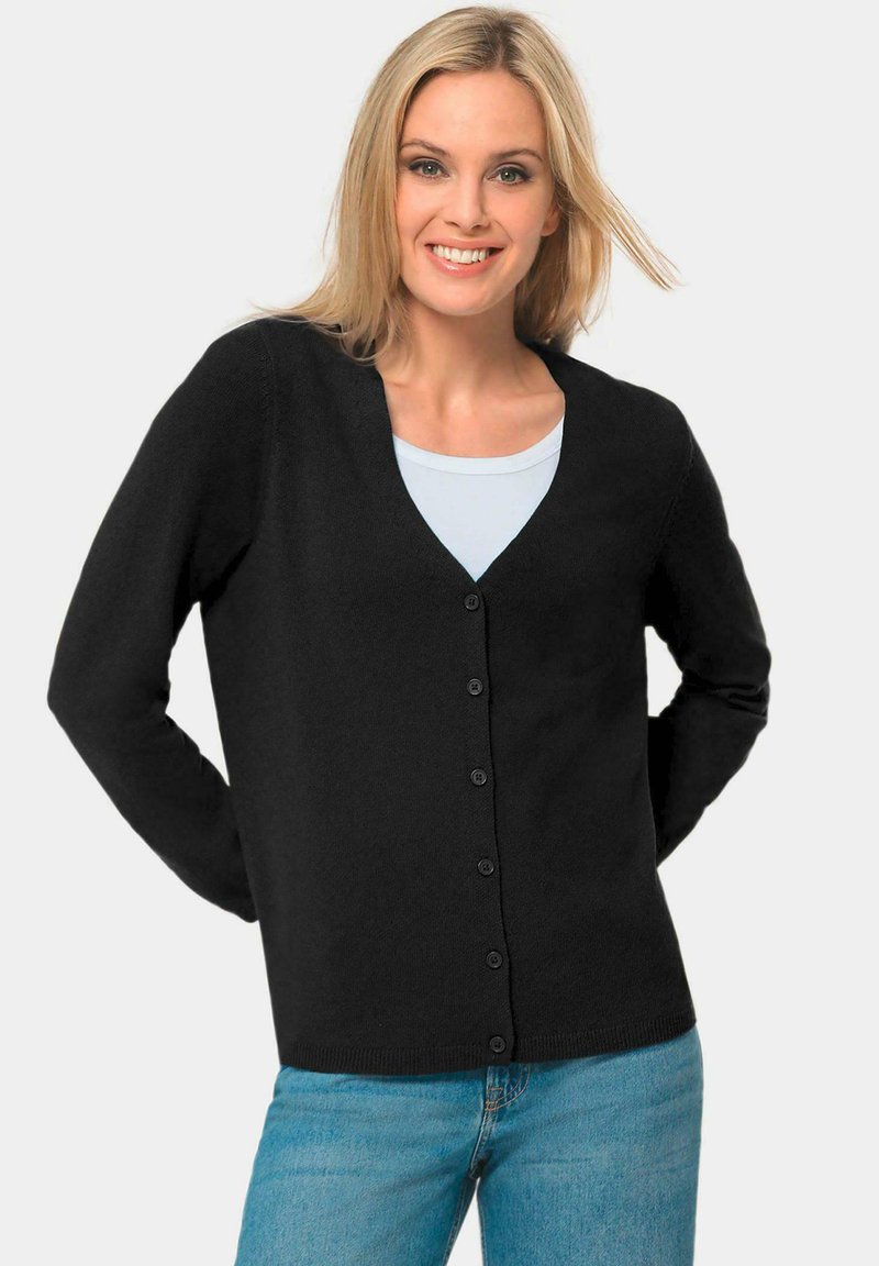 Schwarze Strickjacke aus weichem Material, mit V-Ausschnitt, langen Ärmeln, sechs Knöpfen vorne und geripptem Saum.