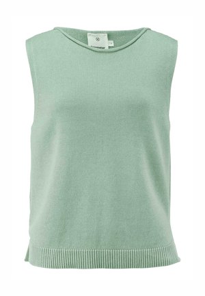 Helles grünes, ärmelloses Stricktop mit rundem Halsausschnitt und geripptem Saum. Hergestellt aus weichem Material und mit einer glatten Textur.