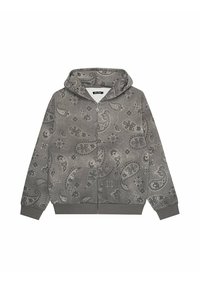 Szara bluza z kapturem na zamek błyskawiczny z wzorem paisley, z kapturem, długimi rękawami i ściągaczami. Gładka tekstura i lekki materiał.
