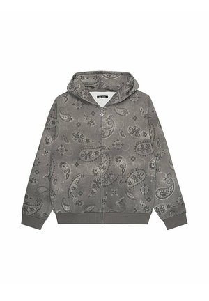 Szara bluza z kapturem na zamek błyskawiczny z wzorem paisley, z kapturem, długimi rękawami i ściągaczami. Gładka tekstura i lekki materiał.