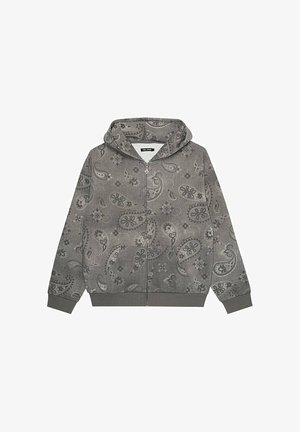Szara bluza z kapturem na zamek błyskawiczny z wzorem paisley, z kapturem, długimi rękawami i ściągaczami. Gładka tekstura i lekki materiał.