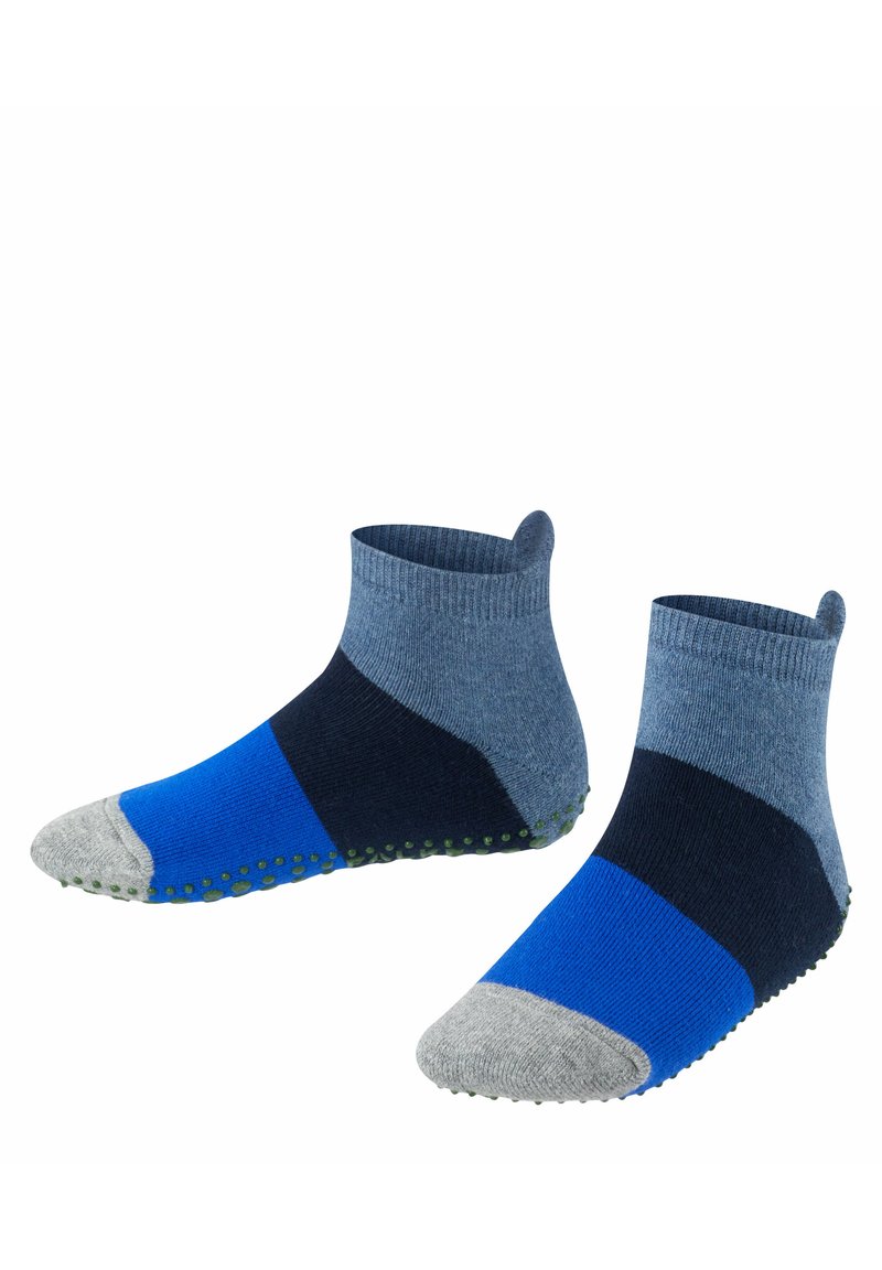 Bunte Knöchelsocken mit geripptem Design. Die Materialien umfassen eine Mischung aus Blau, Grau und Marineblau, mit gepunkteten Gummigriffen an der Sohle.