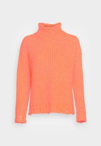 Pull à col roulé tricoté en orange néon avec une texture côtelée et des trous visibles. Manches longues et coupe décontractée, fini avec un col haut.