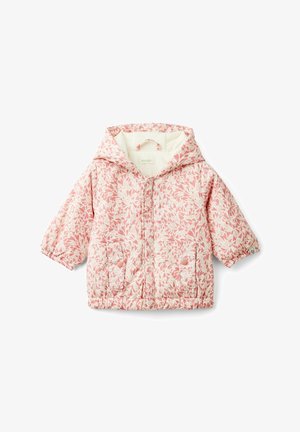Veste à capuche pour enfant avec motif de feuilles rose et blanc, poignets élastiques, poches avant avec boutons, et fermeture éclair à l'avant.