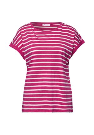 Dámské ležérní tričko s krátkým rukávem v růžovo-bílých vodorovných pruzích, kulatým výstřihem a volným střihem.