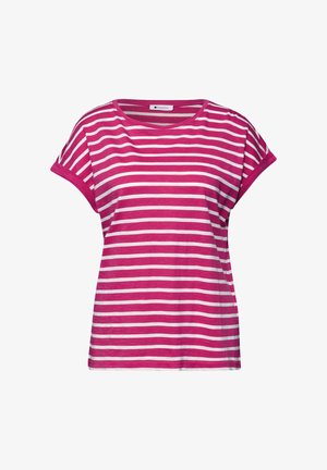 T-shirt casual da donna a maniche corte con righe orizzontali rosa e bianche, scollo rotondo e vestibilità comoda.