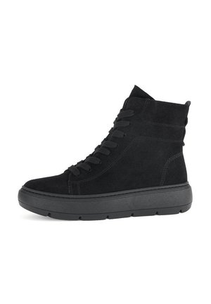 Black suede high-top sneakers with flat laces, rounded toe, and a textured rubber sole. Features subtle stitching details along the sides.