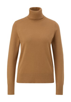 Pull col roulé marron clair en matière douce et tricot fin. Présente des manches longues, une silhouette ajustée et des poignets côtelés.