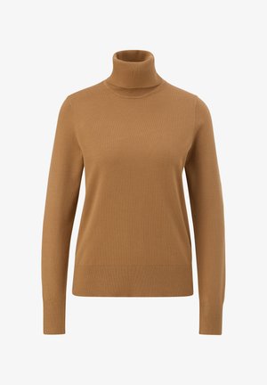 Lichtbruine coltrui van een zacht, fijn gebreid materiaal. Voorzien van lange mouwen, een getailleerde pasvorm en geribde manchetten.