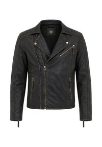 Schwarze Leder-Bikerjacke mit asymmetrischem Frontreißverschluss, Reißverschlusstaschen an Brust und Seiten, gesteppte Schulterdetails und Reißverschlussmanschetten.