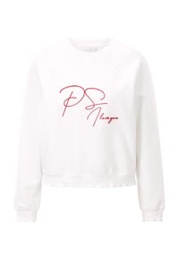 Felpa bianca con testo ricamato rosso "PS I love you", design cropped, polsini e orlo a coste, con una finitura in tessuto morbido e testurizzato.