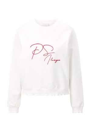 White sweatshirt featuring red embroidered text “PS I love you,” cropped design, ribbed cuffs and hem, with a soft, textured fabric finish.