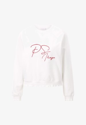 Witte sweatshirt met rode geborduurde tekst "PS I love you", cropped ontwerp, geribbelde manchetten en zoom, met een zachte, gestructureerde stofafwerking.