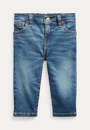 Blå barnestørrelse cowboybukser med forlommer, bæltestropper, knaplukning og falmede detaljer på lårene.