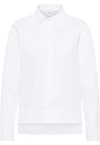 Camicia bianca a maniche lunghe in cotone, con colletto classico e chiusura con bottoni. Tessuto liscio con orlo dritto.