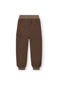 Pantalons marron matelassés avec une taille et des poignets côtelés, dotés d'une poche latérale et d'une texture lisse et légèrement brillante.