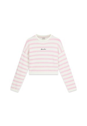 Weißes und hellrosa horizontal gestreiftes, langärmliges, kurz geschnittenes Sweatshirt mit Rundhalsausschnitt und kleinem schwarzem Logotext in der Mitte der Brust.