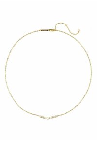 Goldene Halskette mit einem filigranen Design, akzentuiert mit kleinen Perlen und funkelnden Edelsteinen, sowie einem sicheren Verschluss mit Verlängerungskette.