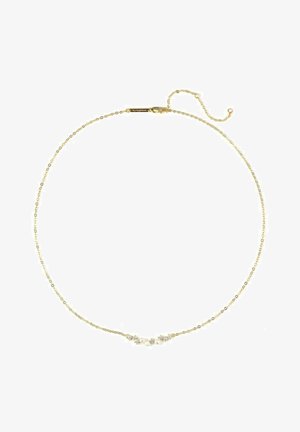 Złoty łańcuszek na szyję o delikatnym wzornictwie, zdobiony małymi perłami i błyszczącymi kamieniami, z bezpiecznym zapięciem i przedłużanym łańcuszkiem.