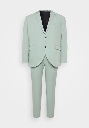 Šviesiai žalias kostiumas su pritaikytu švarku, siaurais atlapais, dviem mygtukais ir tiesiomis kelnėmis. Audinys atrodo lygus su subtiliu blizgesiu.