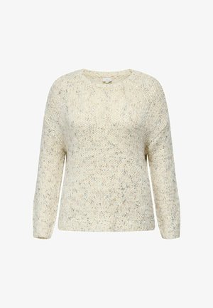 Sweter w kolorze kremowym, wykonany na dzianie, z okrągłym dekoltem, długimi rękawami i fakturowanym wzorem, z subtelnymi plamkami koloru w całej powierzchni.