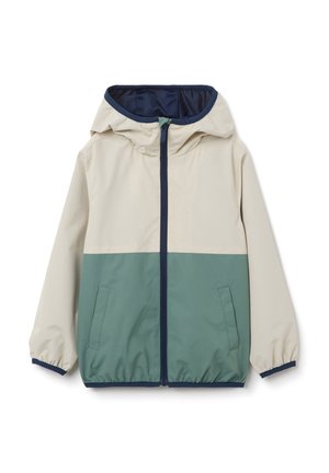 Chaqueta ligera en color crema y verde, con capucha, cierre de cremallera, puños elásticos y dos bolsillos laterales. Textura lisa, material resistente al agua.