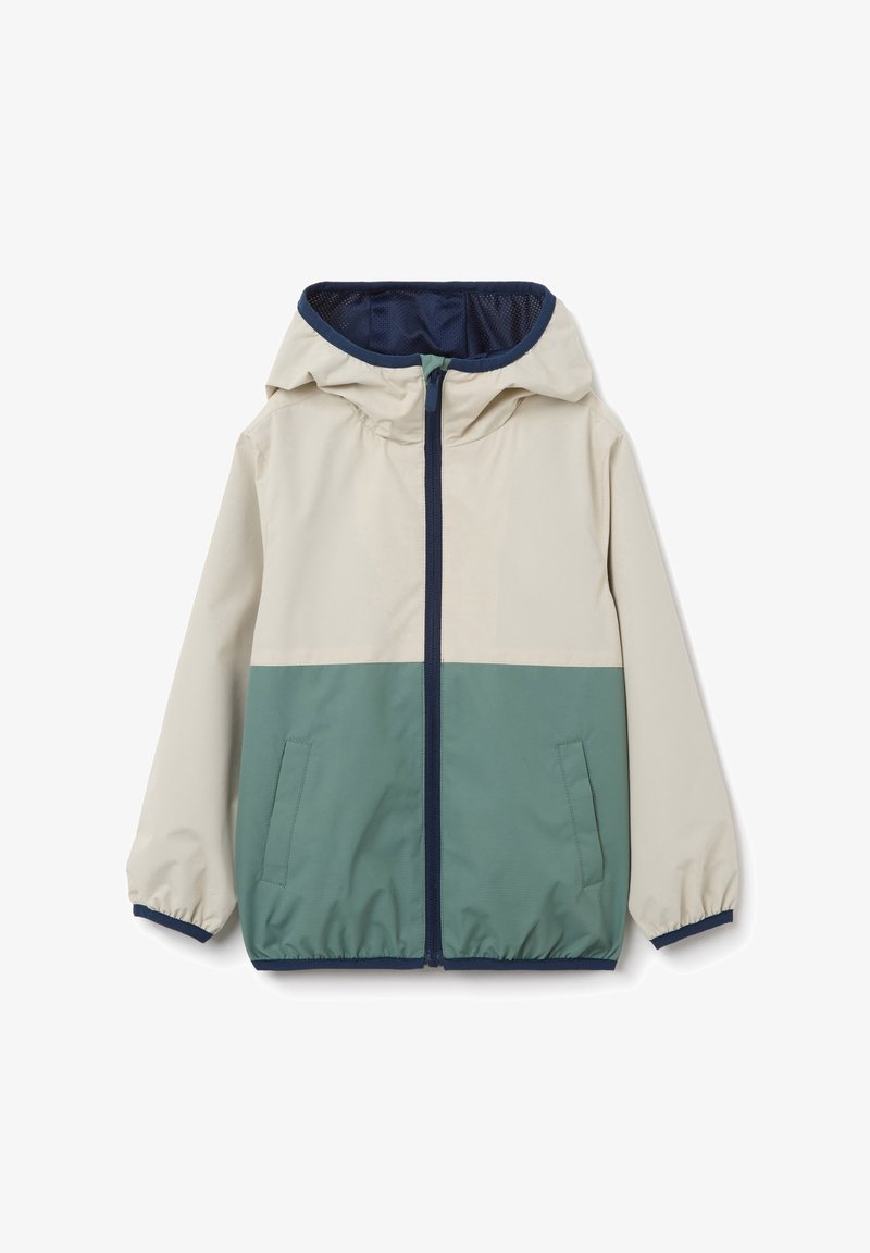 Lichtgewicht jack in crème en groen, met een capuchon, ritssluiting, elastische manchetten en twee zijzakken. Gladde textuur, waterafstotend materiaal.