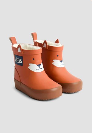 Orangefarbene Gummiregenstiefel mit weißem, flauschigem Futter, ausgestattet mit einem Fuchs-Gesicht-Design und niedlichen Ohrakzenten. Solide braune Sohlen mit rutschfester Textur.