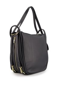 Schwarze Ledertasche mit strukturiertem Finish, ausgestattet mit goldfarbener Hardware, zwei seitlichen Reißverschlüssen und doppelten Tragegriffen.