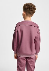 Paarse sportieve sweatshirt en broek, met gekleurde accenten, omgeslagen mouwen en een gladde textuur; drie strepen op de mouwen.