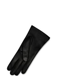 Gant en cuir noir avec une texture lisse, comportant quatre ouvertures pour les doigts et un poignet effilé. Le design met en avant une forme épurée et minimale.