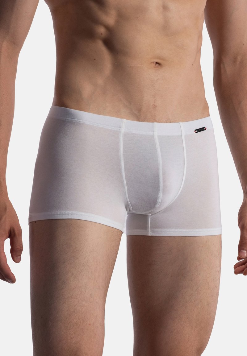 White boxer briefs made of soft cotton, featuring a snug fit, flat seams, and a small black logo tag on the waistband.