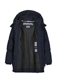Giacca puffer blu navy con trama trapuntata, foderata internamente in grigio scuro, dotata di cappuccio e loghi all'interno. Taglia small, etichetta vegana inclusa.